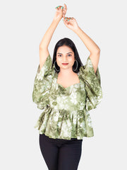 Green Frill Floral Tops