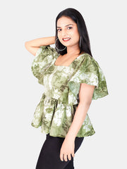 Green Frill Floral Tops