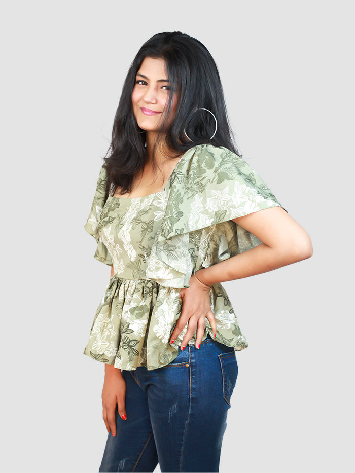Green Frill Floral Tops