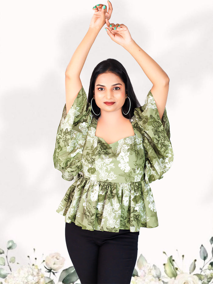 Green Frill Floral Tops