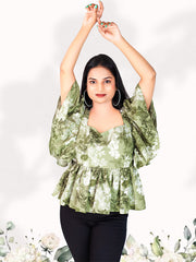 Green Frill Floral Tops