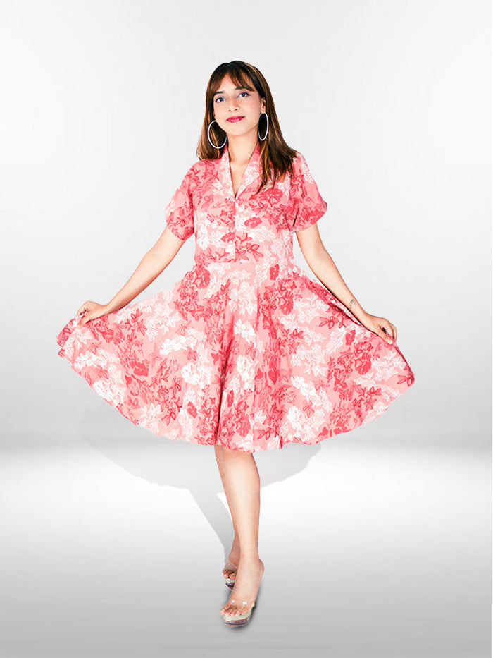 "Elegance in Bloom: Pink Floral Casual Women's Dress"