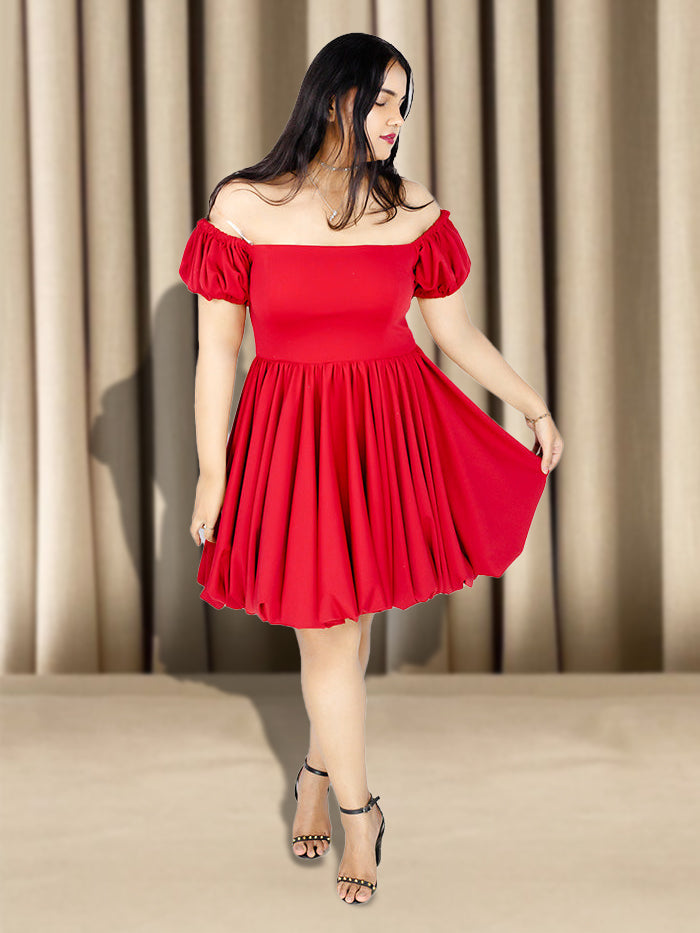 "Crimson Elegance" Red puff Short Sleeves Dress